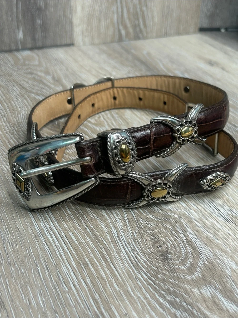 Brighton Brown Croc Embossed Leather Belt Silver Gold Two Tone Western Size 30